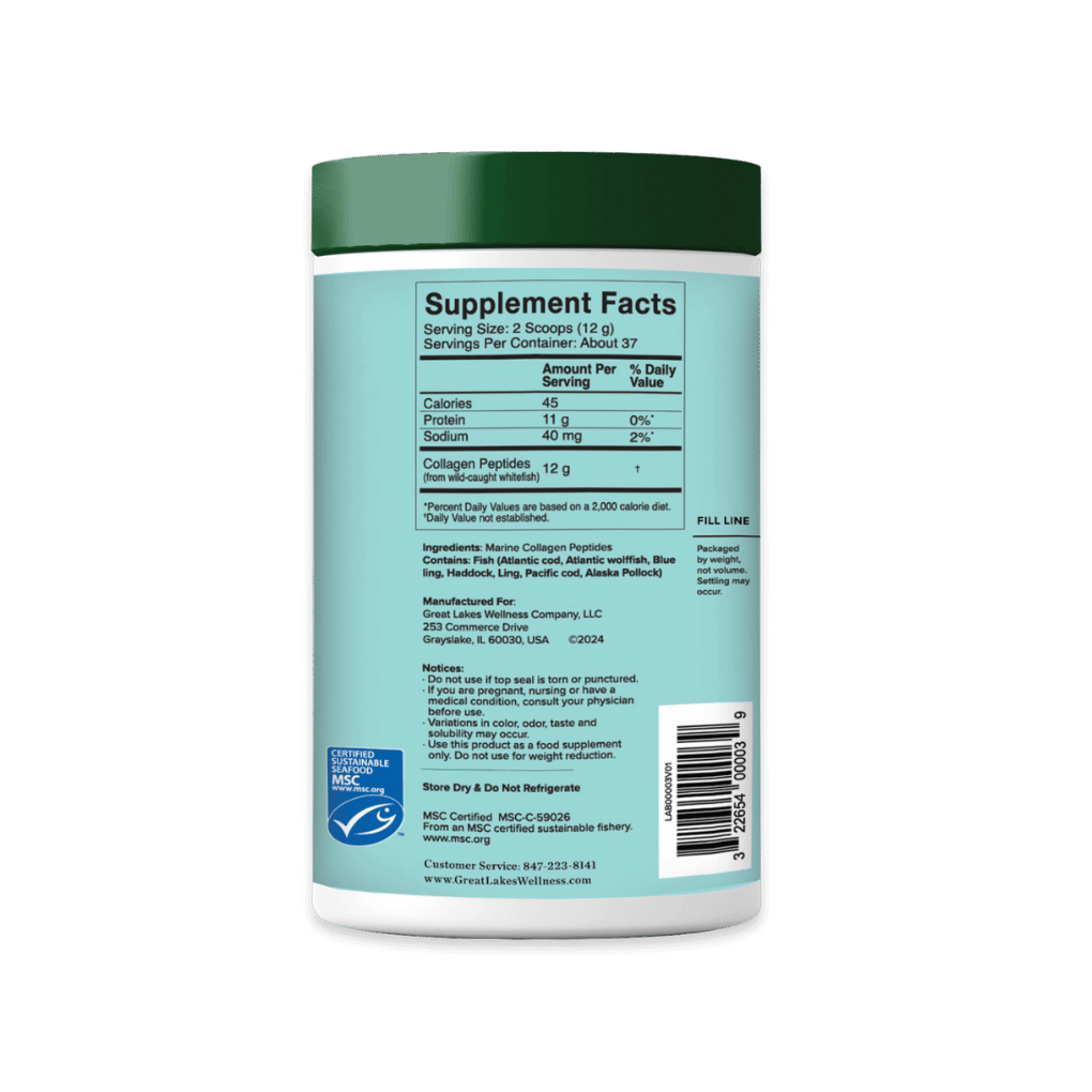 16oz tub of sustainable marine collagen peptides with supplement facts label, 37 servings.