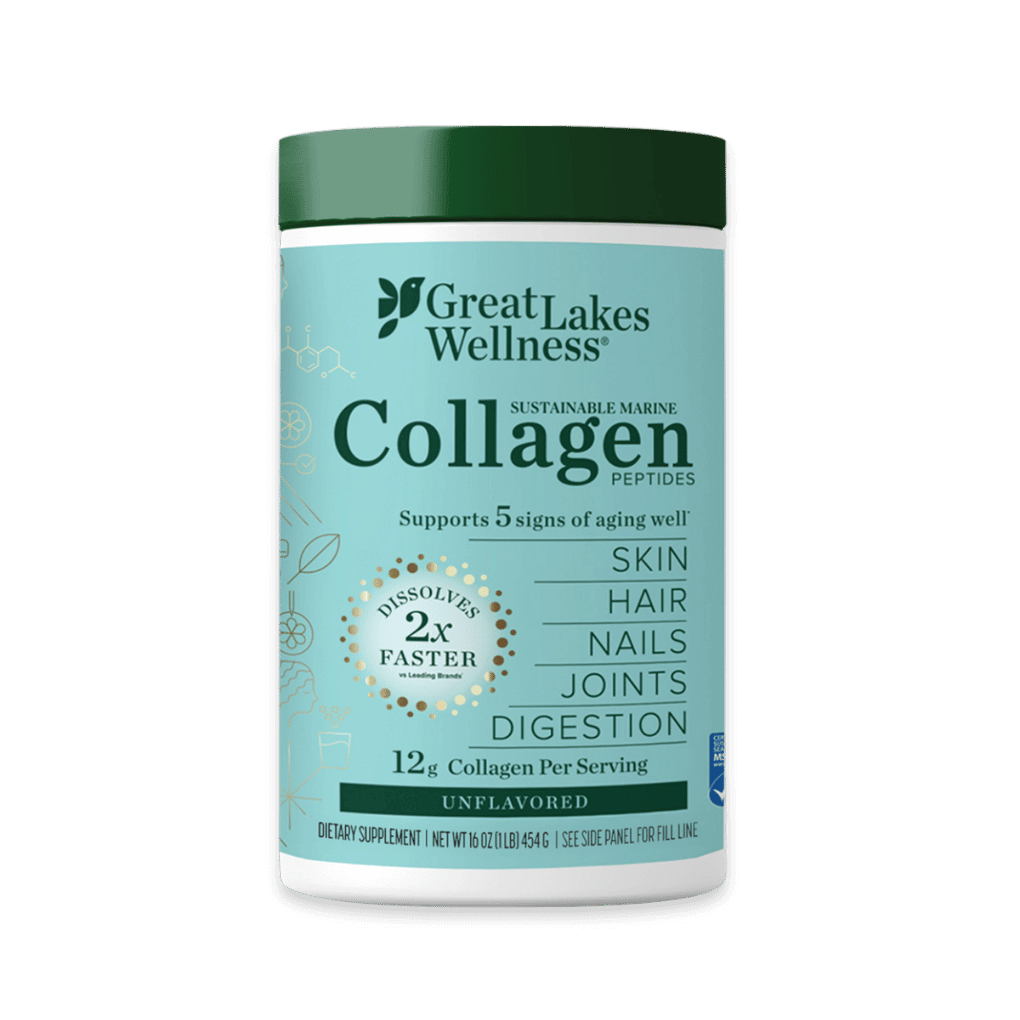 16oz Sustainable Marine Collagen Peptides jar, 12g wild-caught collagen per serving, supports skin, hair, nails, joints, digestion, dissolves quickly, MSC certified.