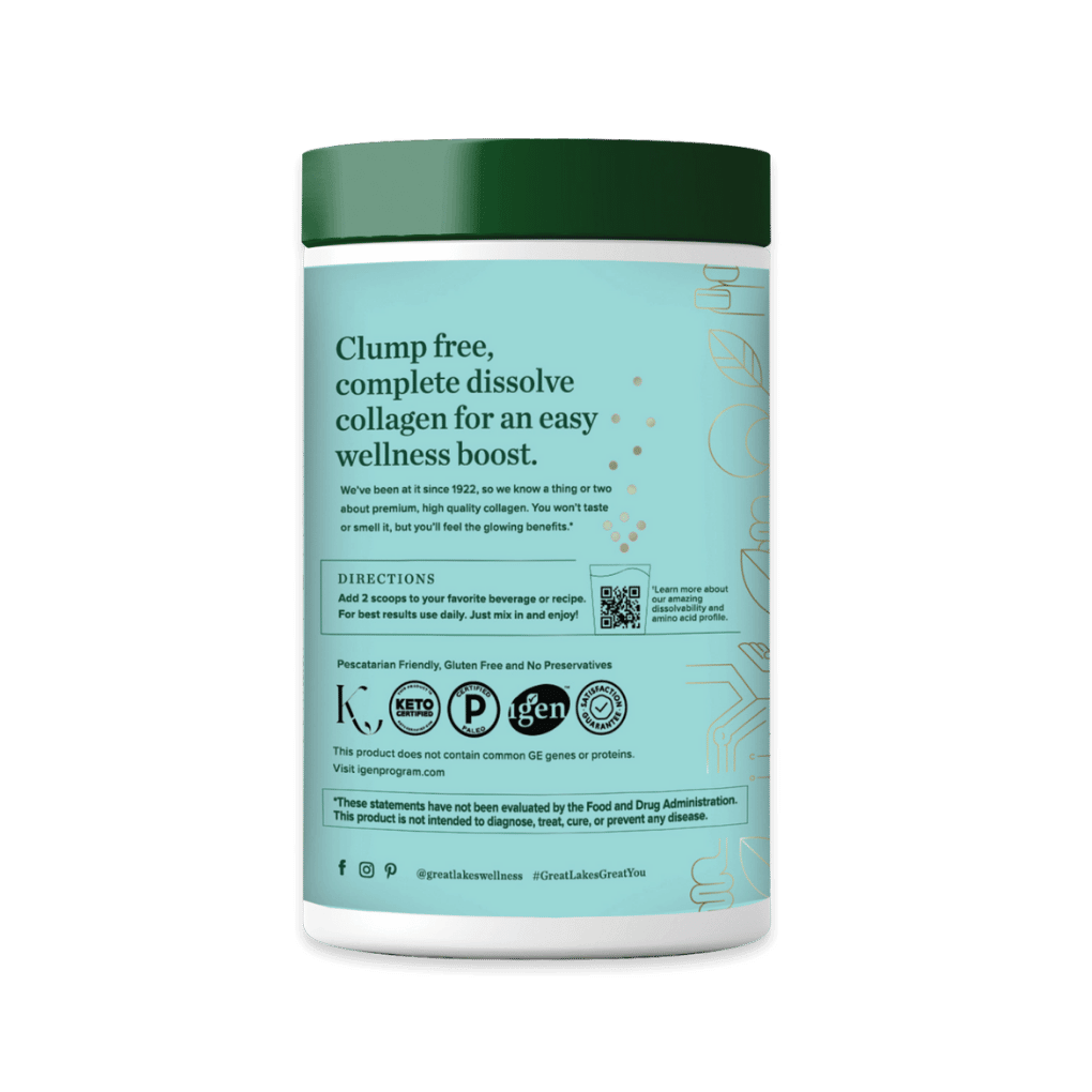 16oz tub of sustainable marine collagen peptides, 12g per serving, supports aging, MSC certified.
