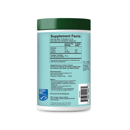 16oz tub of sustainable marine collagen peptides with supplement facts label, 37 servings.