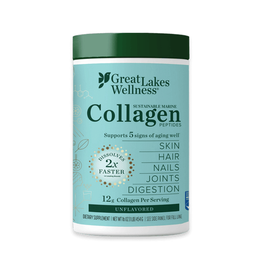 16oz Sustainable Marine Collagen Peptides jar, 12g wild-caught collagen per serving, supports skin, hair, nails, joints, digestion, dissolves quickly, MSC certified.