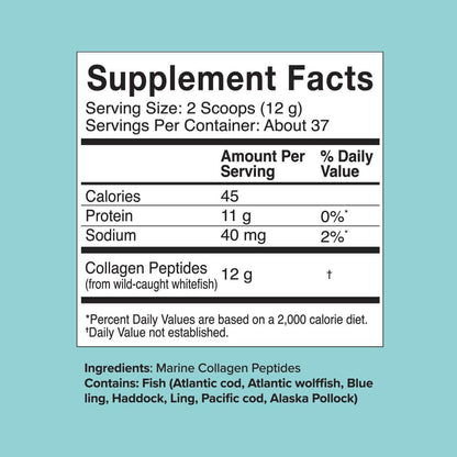 16oz sustainable marine collagen peptides supplement facts label.